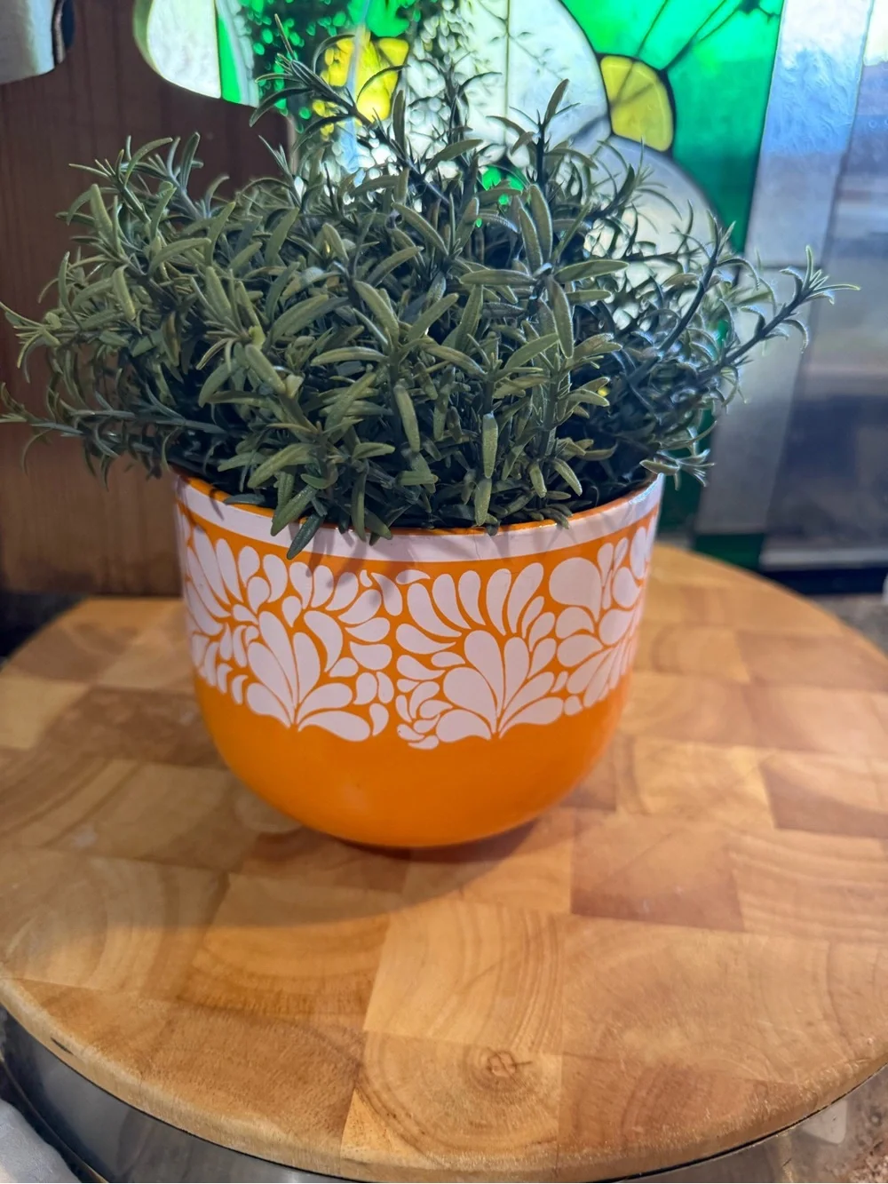 Orange Floral Ceramic Planter with White Pattern 5.5”